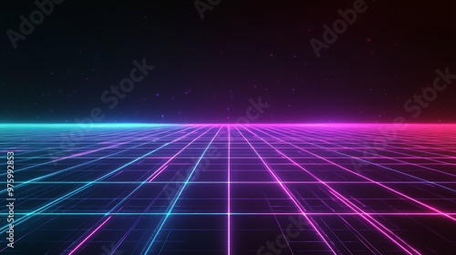 Wallpaper Mural A vibrant retro futuristic landscape featuring glowing grid lines in shades of blue and pink against a dark background. Torontodigital.ca