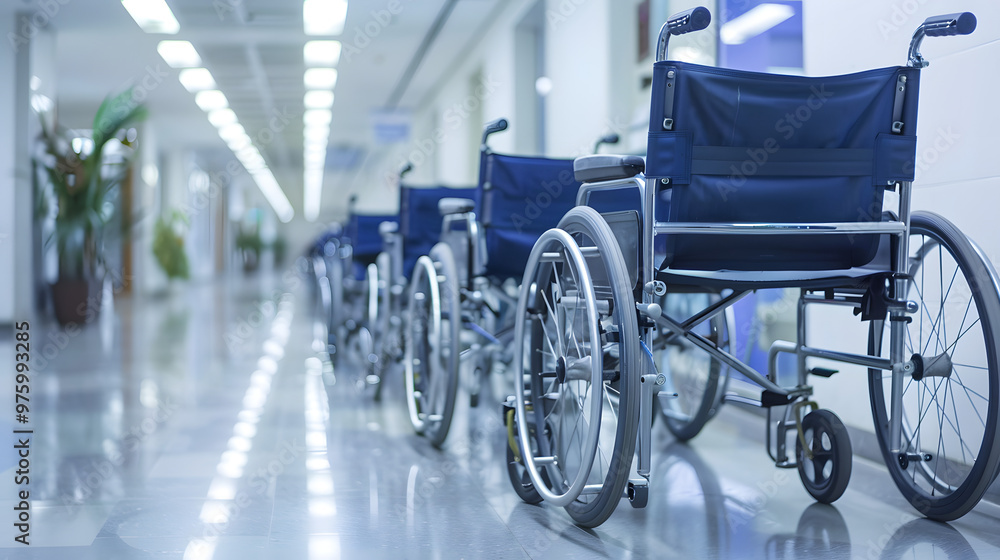 A row of empty wheelchairs aligned in a brightly lit hospital corridor, representing mobility assistance and preparedness for patient care in a healthcare facility. A row of empty wheelchairs aligned in a brightly lit hospital corridor, representing mobility assistance and preparedness for patient care in a healthcare facility.