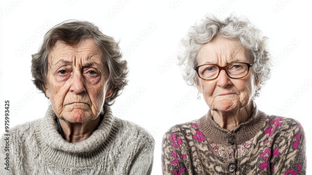 Two elderly women with distinct expressions, showcasing the beauty and character of aging and wisdom in a minimalist setting. Two elderly women with distinct expressions, showcasing the beauty and character of aging and wisdom in a minimalist setting.