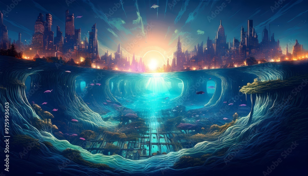 Fototapeta premium Rising Sea Levels and Solar Adaptation – Surreal Underwater Cityscape