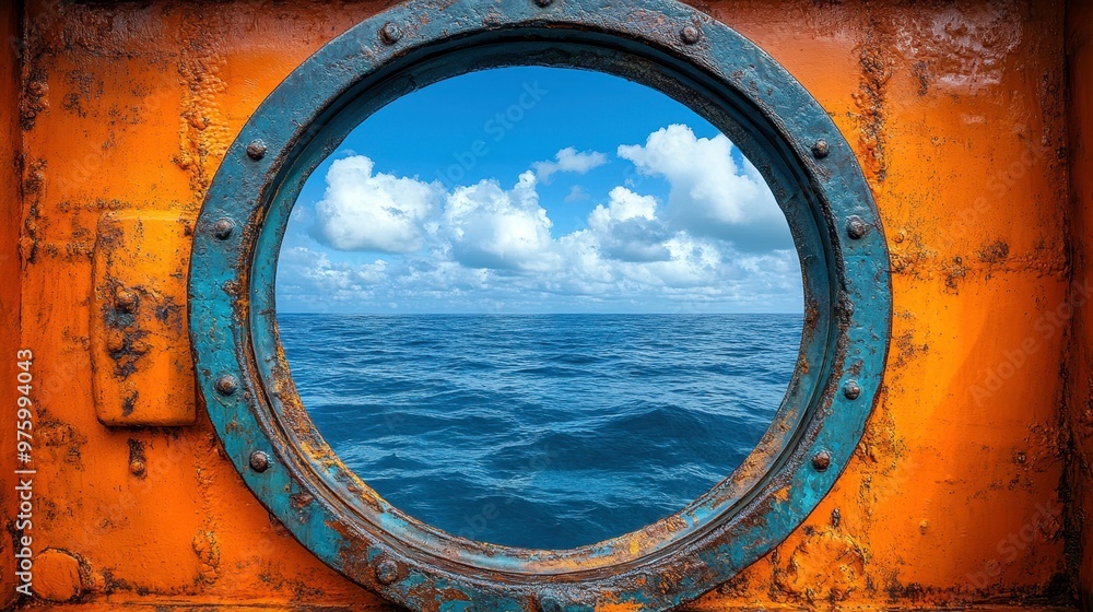 Porthole View of Clear Blue Ocean Waves and Cloudy Sky on a Sunny Day Porthole View of Clear Blue Ocean Waves and Cloudy Sky on a Sunny Day