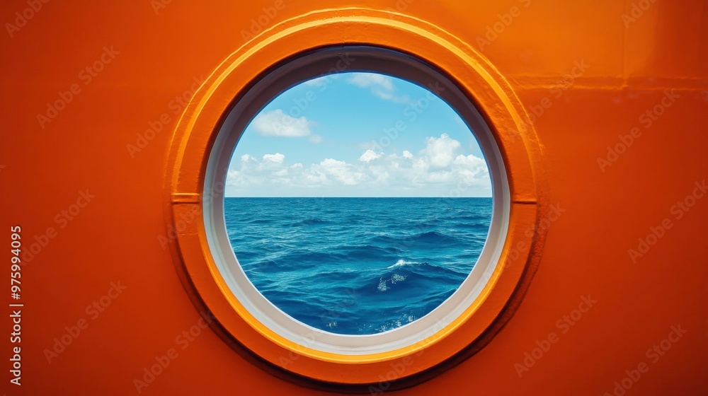 Fototapeta premium View of Tranquil Ocean Waves Through a Circular Porthole on a Bright Sunny Day at Sea
