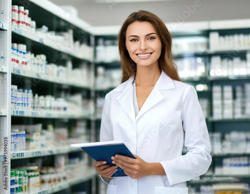 woman pharmacist in a white coat smiles against the background of shelves with medicines in a pharmacy