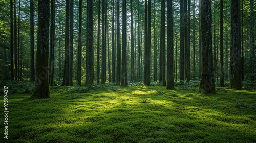 1. A dense forest with tall, ancient trees covered in thick moss, the sunlight filtering through the canopy and casting dappled shadows on the forest floor