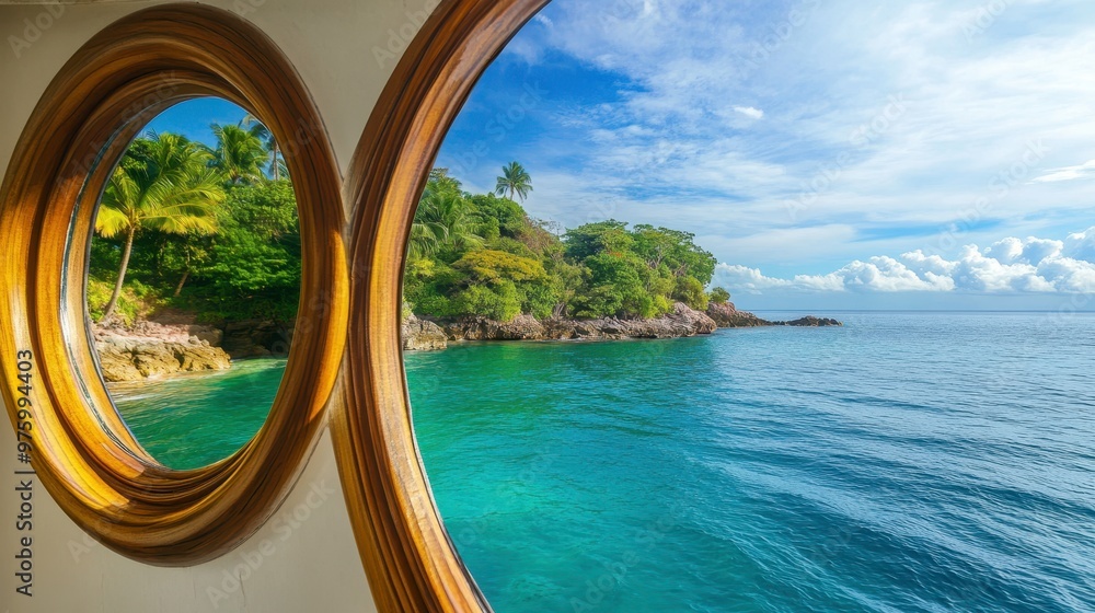 Fototapeta premium Tranquil Ocean View Through a Round Window Overlooking Lush Tropical Coastline and Blue Water