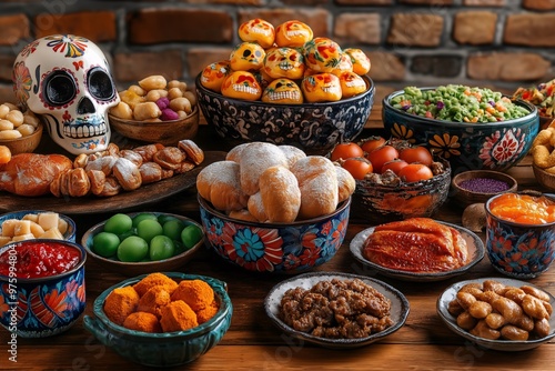 Table richly decorated with assorted sweets for Day of the Dead and Halloween, including sugar skulls and baked goods