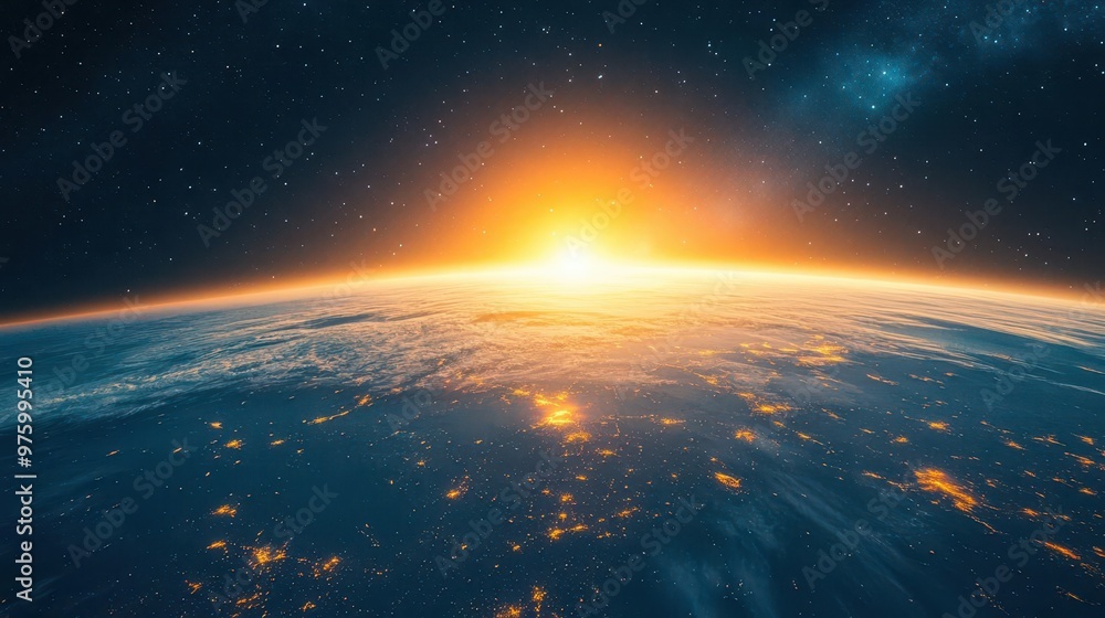 earth viewed from space with glowing city lights visible on night side sunrise illuminating curve of planet wispy clouds and vast starry background earth viewed from space with glowing city lights visible on night side sunrise illuminating curve of planet wispy clouds and vast starry background