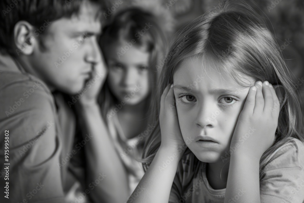 A sad scene showing a child distressed between parents. The image has a dark tone. It captures deep emotions and family conflict. Perfect for articles on family issues. Generative AI A sad scene showing a child distressed between parents. The image has a dark tone. It captures deep emotions and family conflict. Perfect for articles on family issues. Generative AI