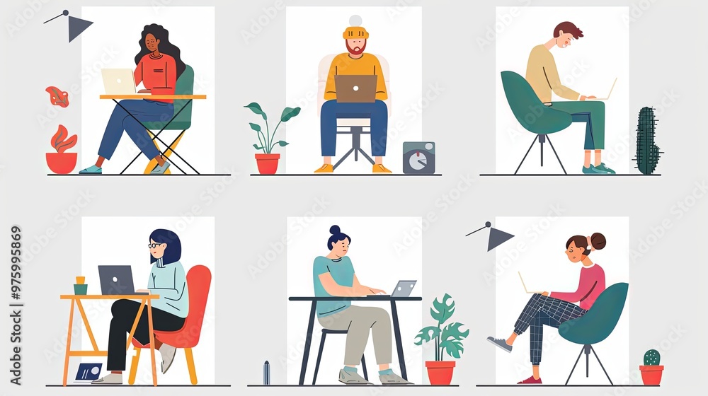 Telework people bento grid illustration set. Working from home 2D vector image collage design graphics collection. Telecommuting adults. Multinational freelancers flat characters moodboard layout Telework people bento grid illustration set. Working from home 2D vector image collage design graphics collection. Telecommuting adults. Multinational freelancers flat characters moodboard layout