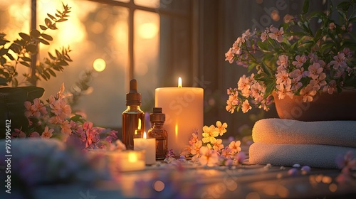 A peaceful spa scene with candles, flowers, and essential oils photo