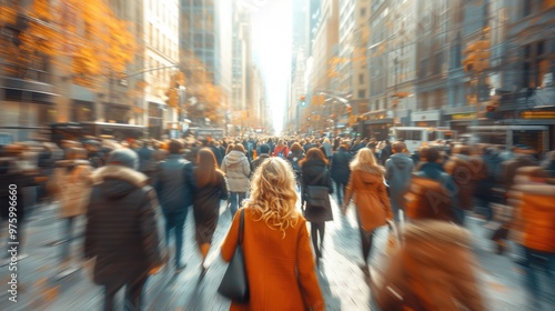 A photograph of a crowd in the city, with the focus on one person and a blurry background of people walking down the street. The image was captured using a telephoto lens in natural lighting.