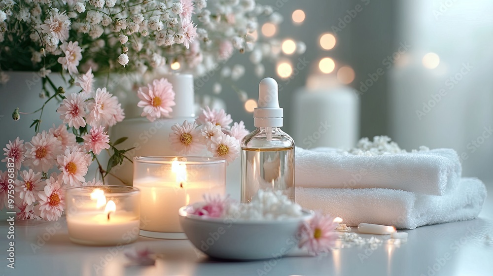A peaceful spa scene with candles, flowers, and essential oils A peaceful spa scene with candles, flowers, and essential oils