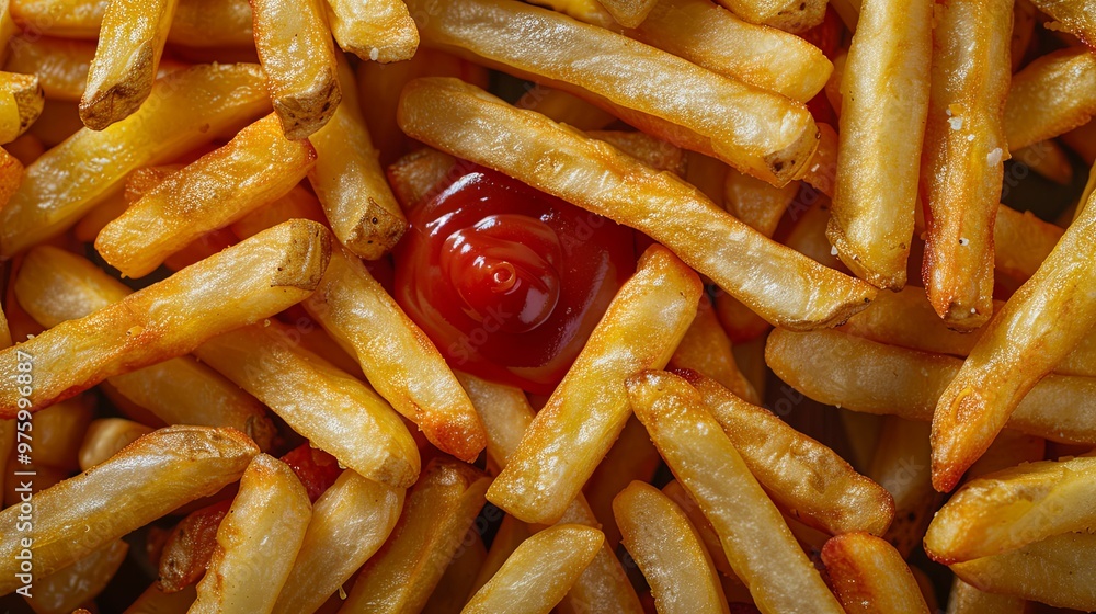 Close-up of Golden French Fries with a Swirl of Ketchup Close-up of Golden French Fries with a Swirl of Ketchup
