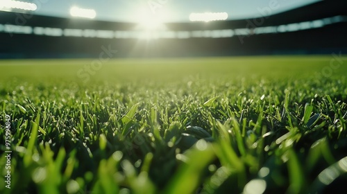 emerald arena closeup macro shot of lush green grass blades in a sports field stadium lights casting dramatic shadows emphasizing texture and vitality