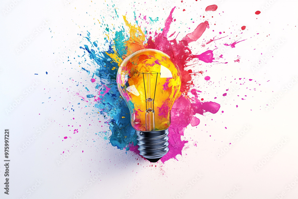 Creative, colorful light bulb with abstract shapes and splashes of paint on a white background. Creative idea concept design. Creative, colorful light bulb with abstract shapes and splashes of paint on a white background. Creative idea concept design.