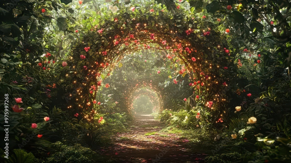 enchanted forest archway draped in luminous vines and flowers misty light filters through the lush canopy creating a magical pathway that beckons viewers into a realm of fantasy and wonder enchanted forest archway draped in luminous vines and flowers misty light filters through the lush canopy creating a magical pathway that beckons viewers into a realm of fantasy and wonder