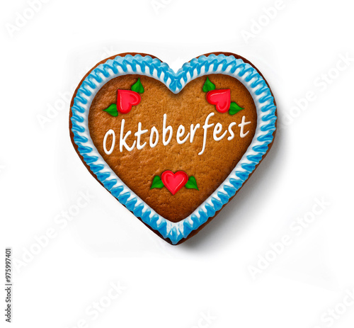 Oktoberfest Lebkuchenherz mit Blauem Rand isoliert auf weissem Hintergrund
