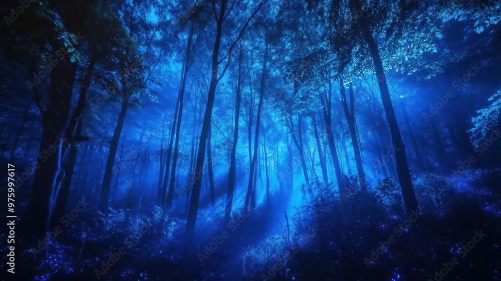 Fototapeta premium enchanted nocturnal forest bathed in ethereal blue light bioluminescent flora mistshrouded trees otherworldly ambiance