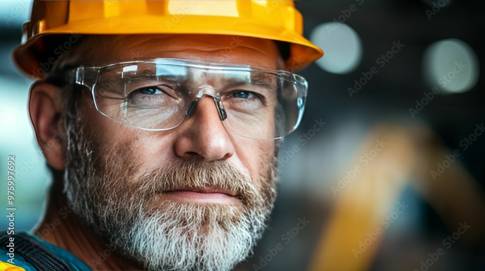 Close-up portrait of a construction worker with a beard, wearing a hard hat and safety glasses Close-up portrait of a construction worker with a beard, wearing a hard hat and safety glasses