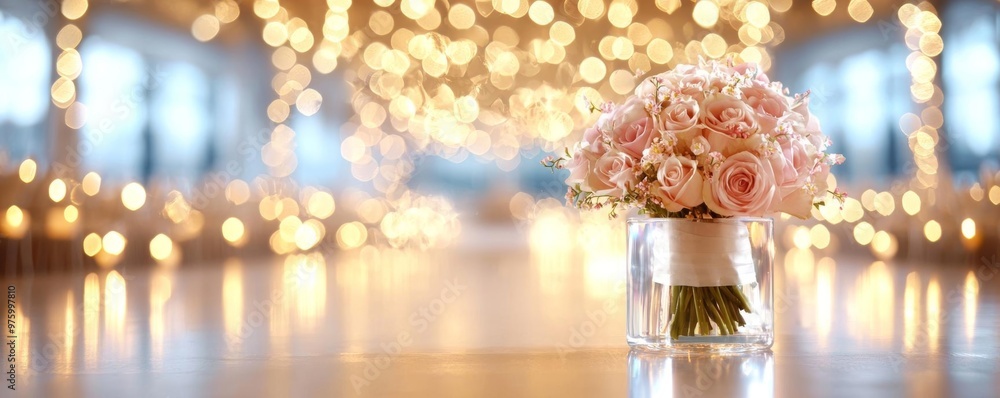 The reception hall was decorated with flowers and fairy lights The reception hall was decorated with flowers and fairy lights