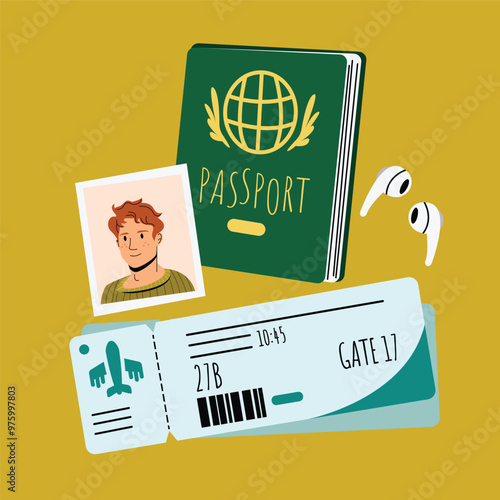 Stock Vector Illustration of Passport, Boarding Pass, Bluetooth Earphone, and Personal Photograph – Travel Essentials Concept