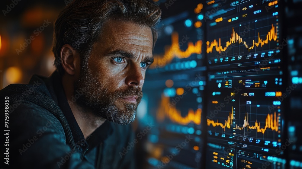Businessman analyzing financial data and charts on a digital screen Businessman analyzing financial data and charts on a digital screen