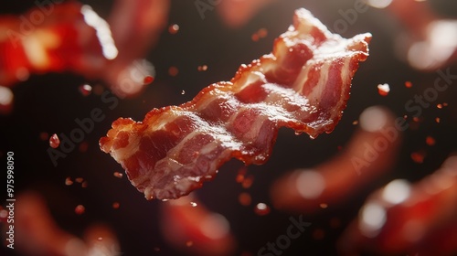 Close-up of floating bacon strips cut into pieces, glowing softly with crisp texture suspended in mid-air, vibrant reds and browns, soft lighting. photo