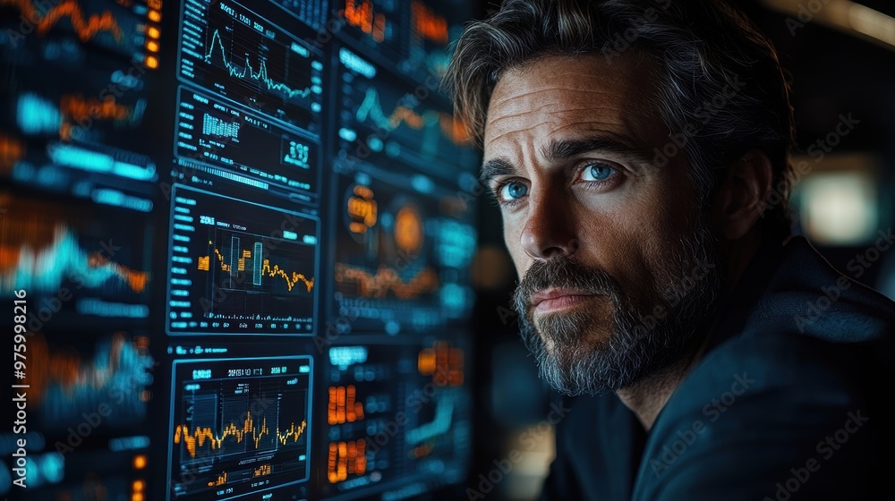 Businessman analyzing financial data and charts on a digital screen Businessman analyzing financial data and charts on a digital screen