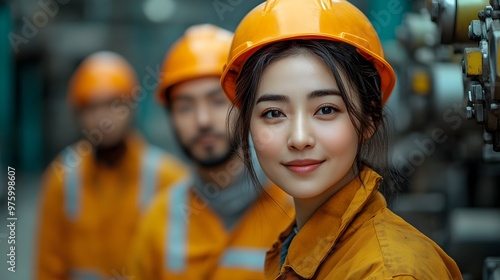 Confident Female Construction Worker in Safety Gear at Industrial Site