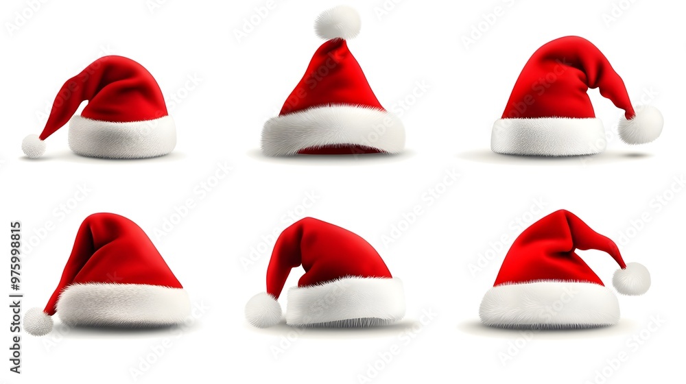 Red Santa Hats Arranged in Studio Shot for Christmas Holidays Red Santa Hats Arranged in Studio Shot for Christmas Holidays