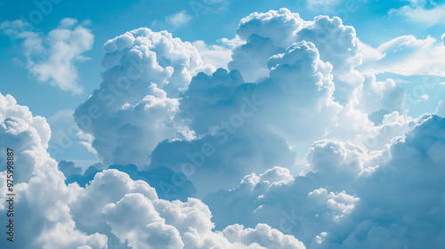 Majestic Fluffy Cumulus Clouds in a Bright Blue Sky on a Sunny Day