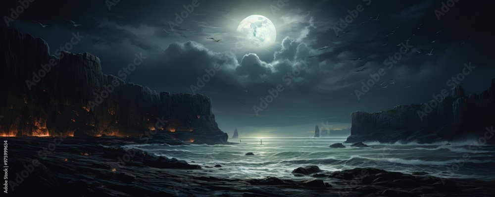 Fototapeta premium A dramatic illustration of a moonlit cliff dive into a shimmering sea
