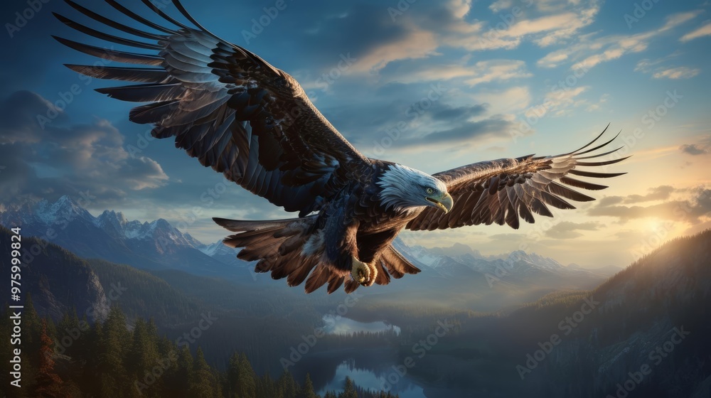 Obraz premium A dramatic illustration of a lone eagle soaring with a vivid azure sky behind