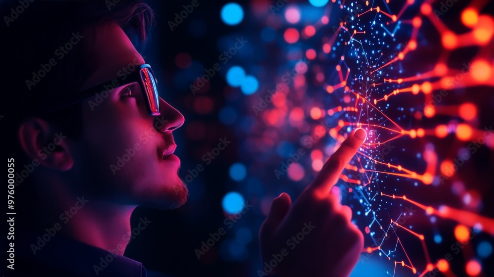 Man interacting with futuristic digital interface, using fingertips to explore connected data nodes. Concept of innovation and technology. Man interacting with futuristic digital interface, using fingertips to explore connected data nodes. Concept of innovation and technology.