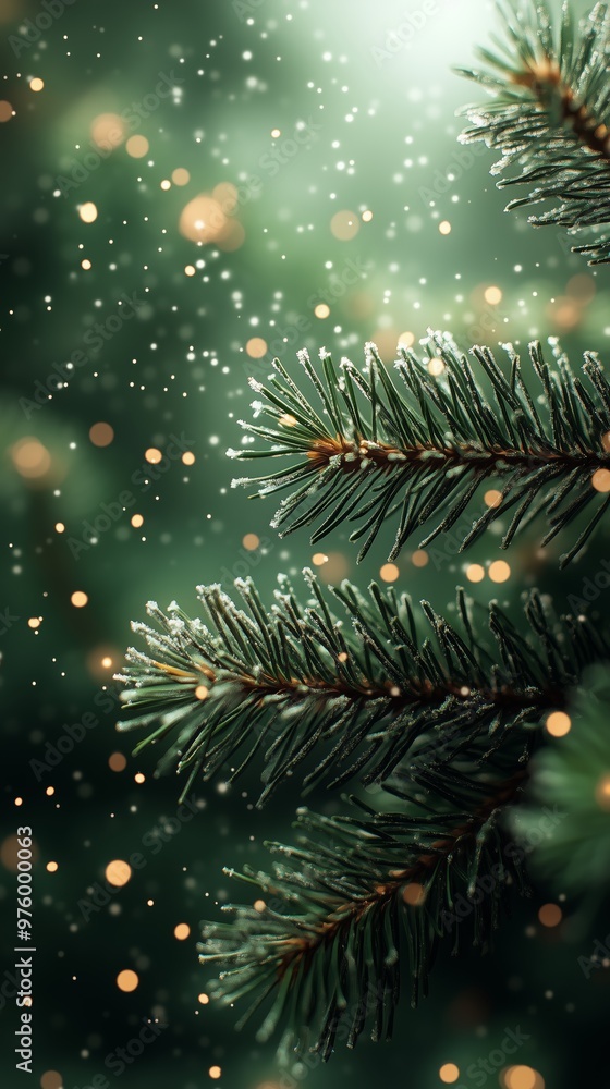 Phone wallpaper snowflakes falling on a pine tree, with a blurred background Phone wallpaper snowflakes falling on a pine tree, with a blurred background