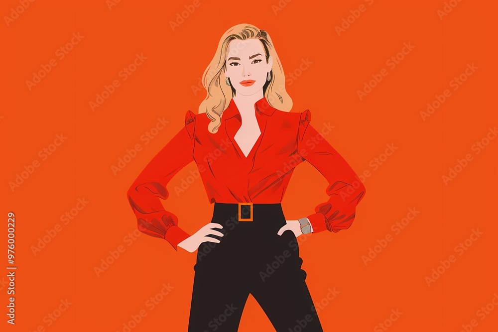 Blonde woman expressing confidence and security with her pose on red background Blonde woman expressing confidence and security with her pose on red background