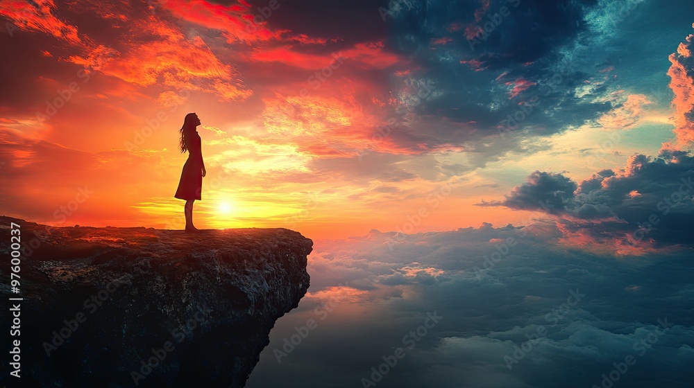 Obraz premium A young woman standing at the edge of a cliff gazing at a rising sun symbolizing new beginnings with dramatic skies and vibrant colors