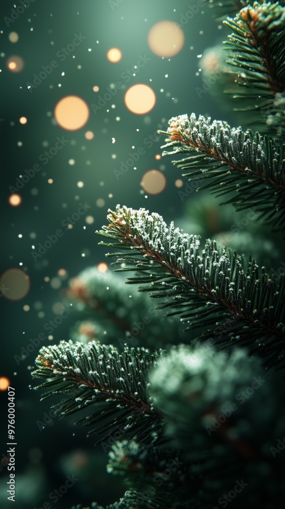 Phone wallpaper snowflakes falling on a pine tree, with a blurred background Phone wallpaper snowflakes falling on a pine tree, with a blurred background