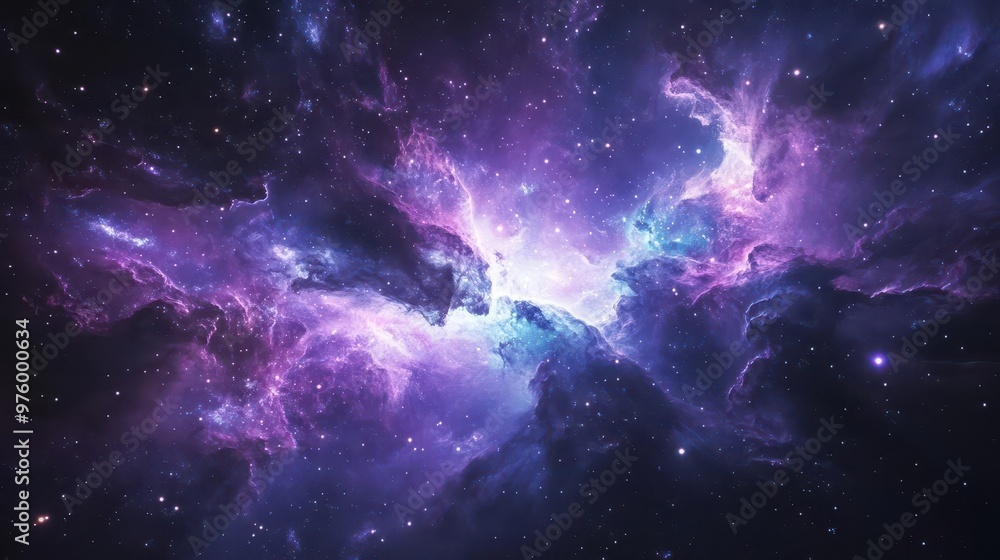 Obraz premium ethereal cosmic panorama swirling nebulae and glowing stars against inky void iridescent hues of purple blue and pink distant galaxies shimmering like celestial jewels