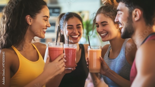 A group of friends enjoying a post-workout smoothie, celebrating their fitness achievements.