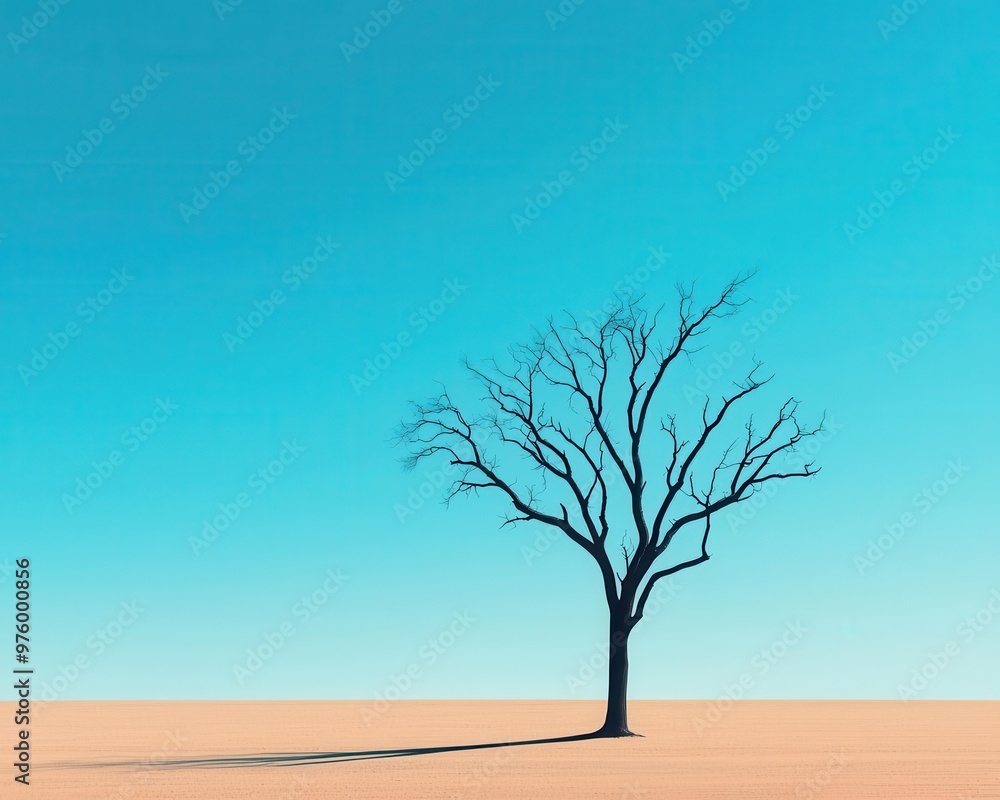 A bare tree with twisted branches in silhouette, casting a delicate shadow on a flat, open field bare tree, shadow, minimalist landscape A bare tree with twisted branches in silhouette, casting a delicate shadow on a flat, open field bare tree, shadow, minimalist landscape