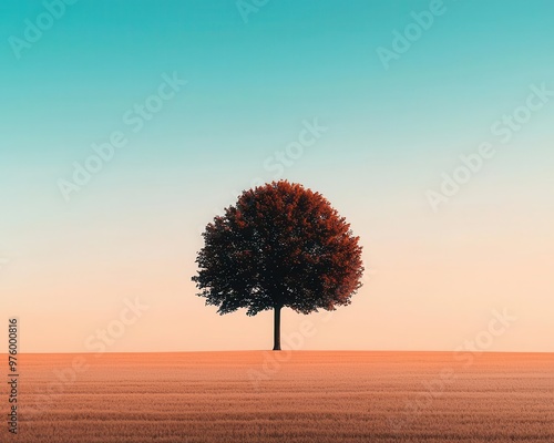 A silhouette of a tree with sparse leaves, casting a soft shadow on an empty field under a clear sky tree silhouette, shadow, minimalist