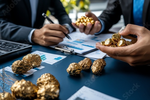 A business meeting discussing gold investment strategies, with charts and reports spread across the table