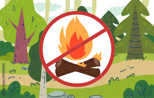 No fire bonfire campfire in wood forest prohibition sign concept. Vector graphic design illustration