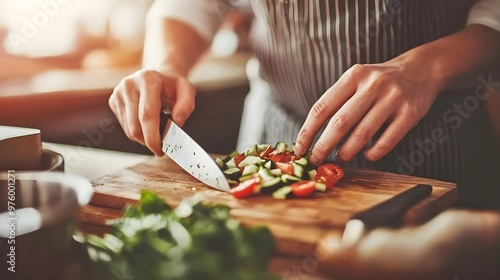 A chef skillfully chops fresh vegetables on a wooden cutting board in a warm kitchen setting, perfect for food-related projects.