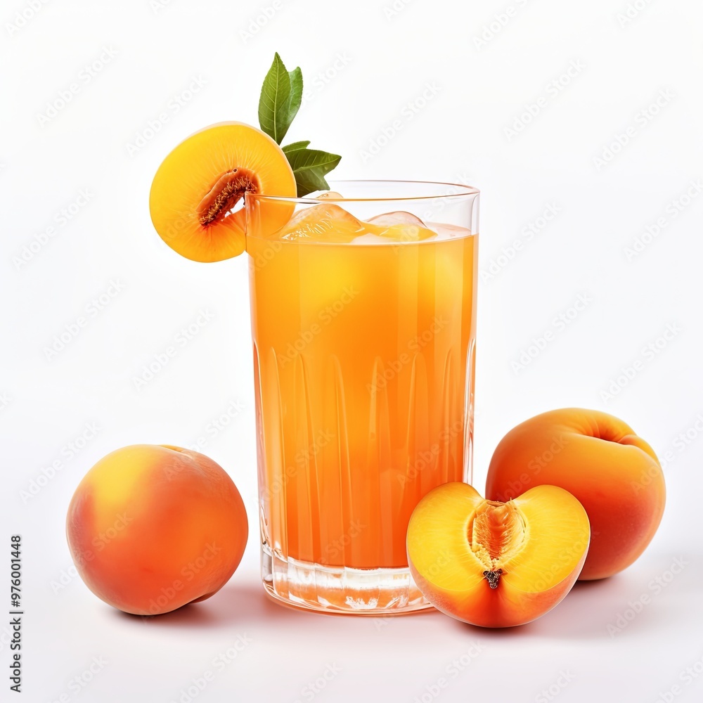 Glass of fresh apricot juice with apricot fruits isolated on white background Glass of fresh apricot juice with apricot fruits isolated on white background