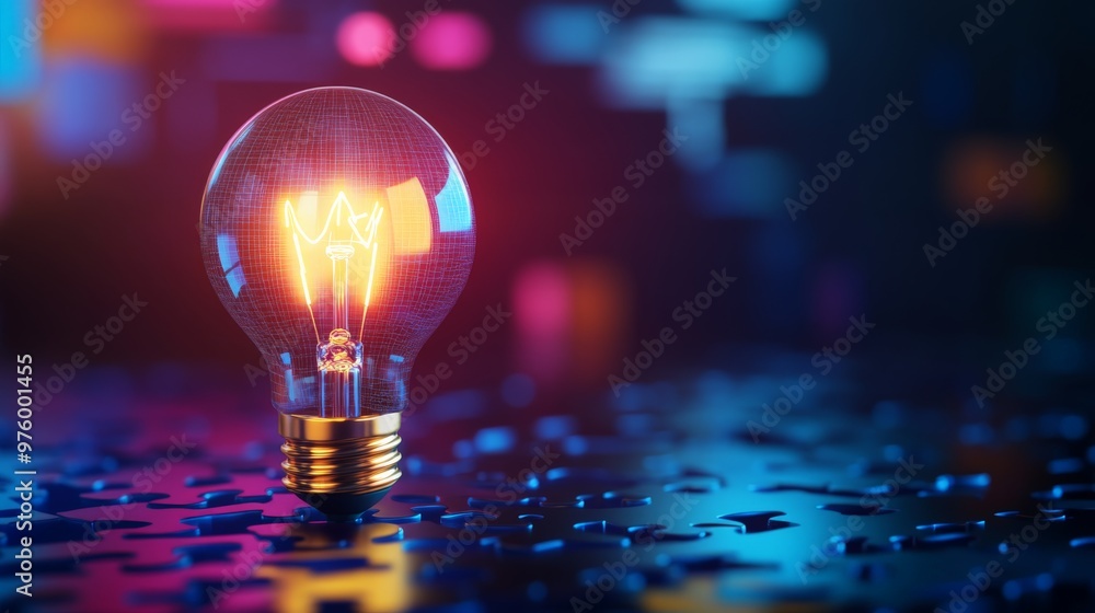 Illuminated light bulb on a digital surface with bright, colorful bokeh background, symbolizing innovation and creativity. Illuminated light bulb on a digital surface with bright, colorful bokeh background, symbolizing innovation and creativity.