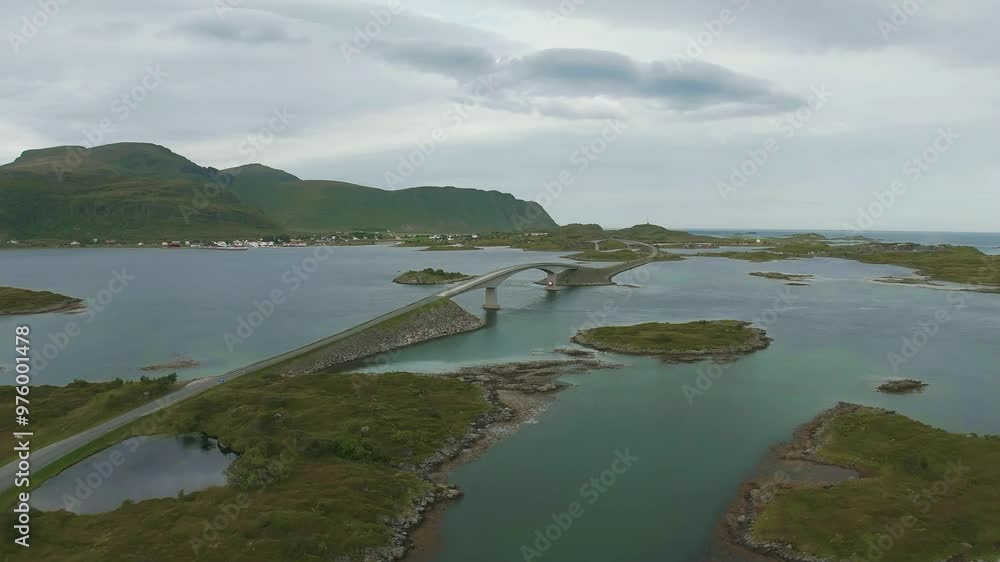The aerial clip of the famous, picturesque Lofoten bridges near Fredvang The aerial clip of the famous, picturesque Lofoten bridges near Fredvang