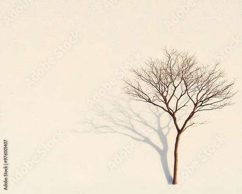 A minimalist tree silhouette with delicate branches, casting a soft shadow on a blank wall tree silhouette, shadow, minimalist