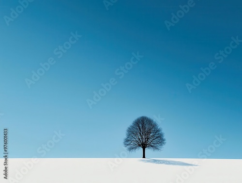 A single tree silhouette standing alone in a wide open field, casting a soft, minimalist shadow tree silhouette, shadow, minimalist
